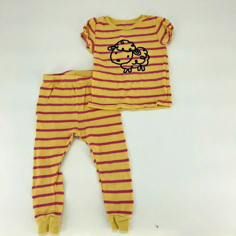 Unbranded Girls Toddler PJ Set Pajamas Striped Lamb Sheep Tight Sz 18 Months